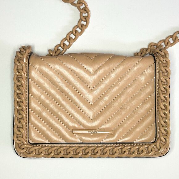 Aldo Crossbody Bag Beige Mini Greenwald Purse | Quilted Chevron With Chain Strap - Picture 1 of 11